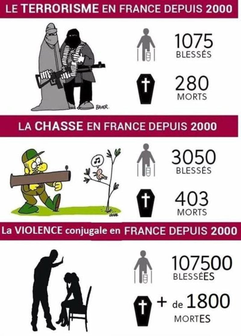 comparaison accidents de chasse, terrorisme, et féminicides